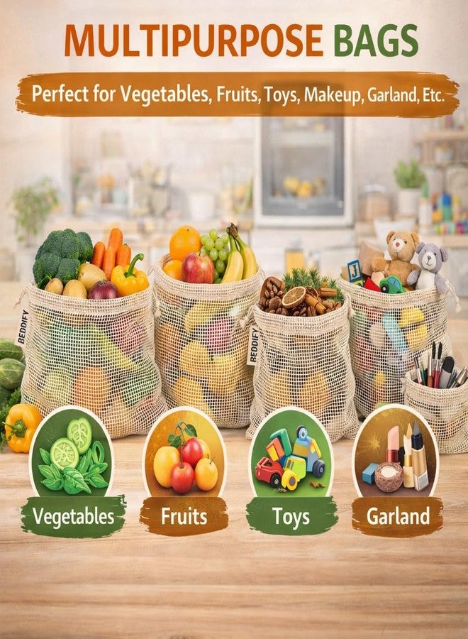 Beddify 100% Cotton Set of 6 Reusable Fridge Storage Bags for Vegetables Fruits Garland and Toys Cotton Net Bags Non-Toxic Eco-Friendly Dual Support Pull String Pouch - Image 3